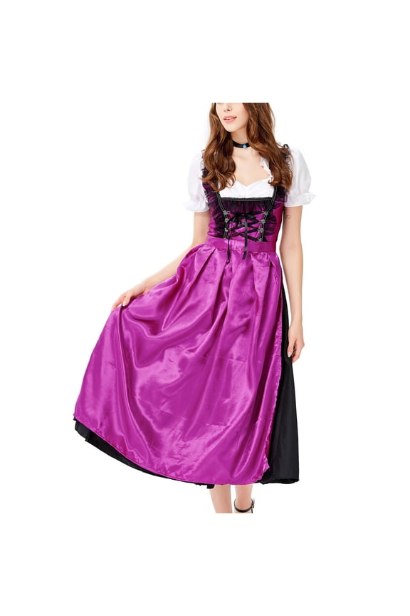 Women's Short Sleeve V-Neck Dress with Puff Sleeves and Front Bow Tie, Patchwork Apron Style for Beer Festival and Cosplay Parties