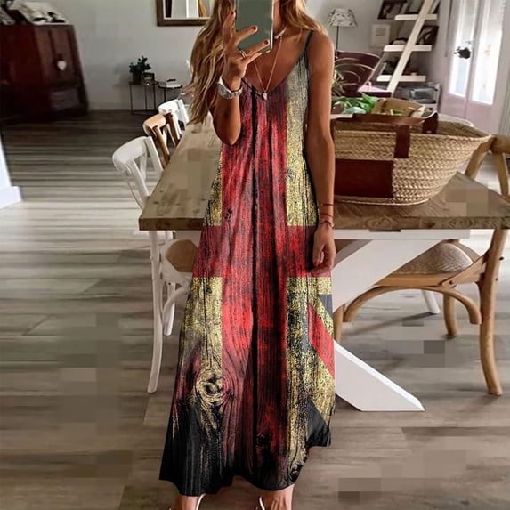 Haivin Women's Sleeveless Patriotic Printed Spaghetti Strap Maxi Dress, Lightweight and Casual, for Summer Beach Party and Daily Wear