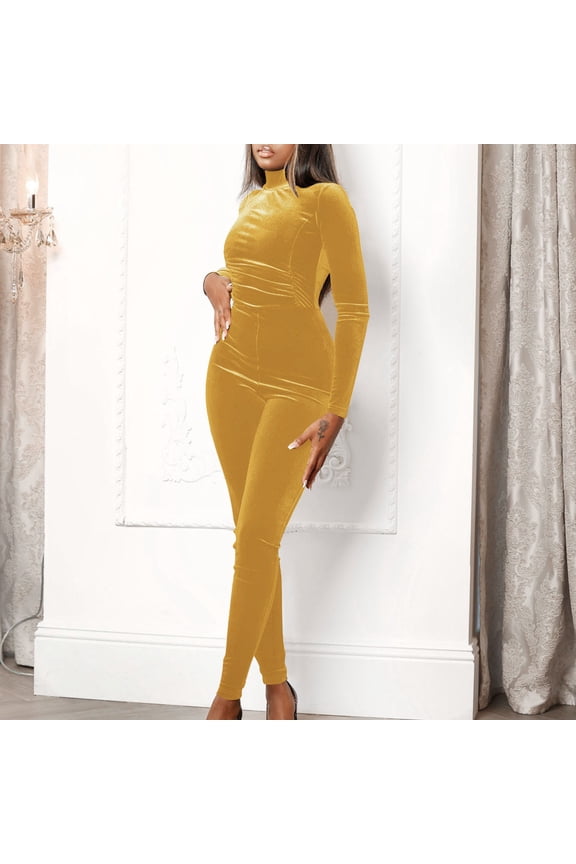 Women's Solid Color Fleece Jumpsuit, Tight-Fitting Mock Neck with Zipper, Casual Fashion for Daily Wear