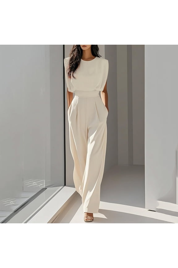 Women's Solid Color Round Neck Jumpsuit with Pockets for Office and Daily Wear