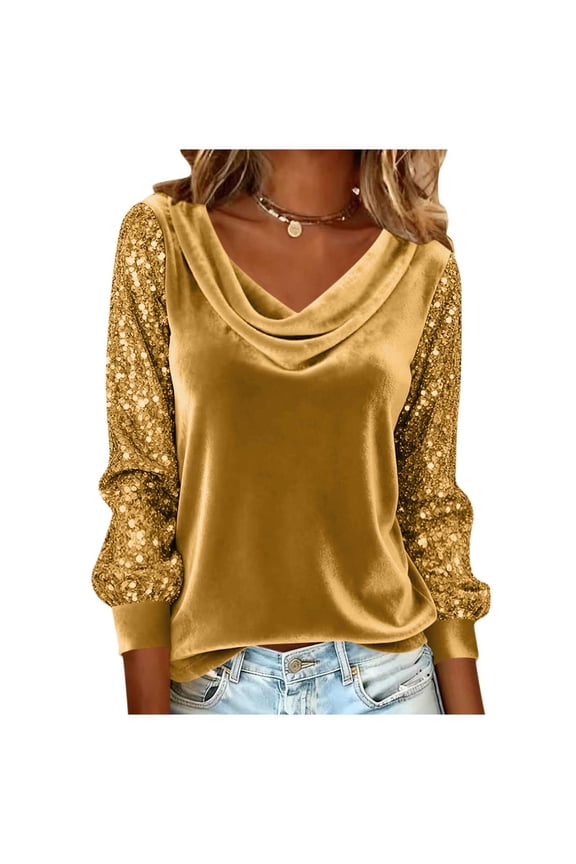 Women's Sparkly Polyester Tops Elegant Cowl Neck Long Sleeve Shirts Spring Fall Winter Dressy Casual Blouses