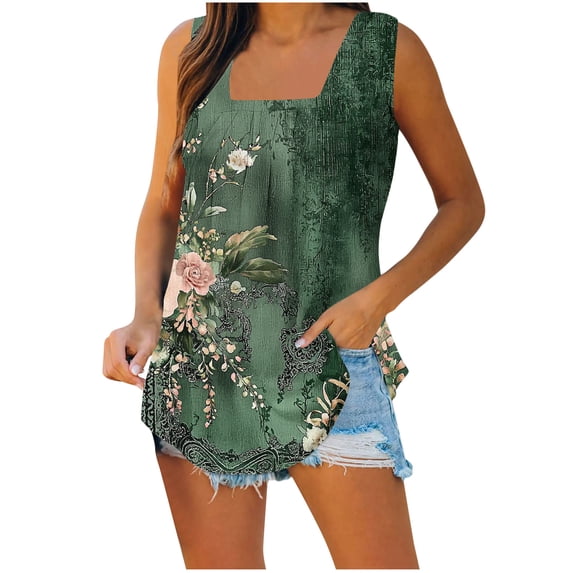 Haivin Women's Square Neck Sleeveless T-Shirt, Loose Fit Blouse with All-Over Print, Breathable and Soft Fabric for Casual Wear and Summer Outfits