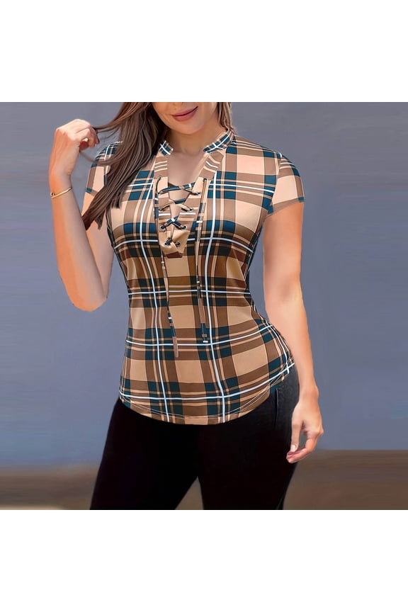 Women's Stand Collar Blouse with Short Sleeves, Plaid Print and Tie-Front for Daily Casual Wear