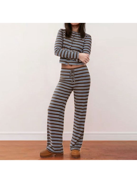 Women's Striped Print Cardigan and Pants Set, Loose Fit and Stretchable, Casual Comfort for Daily Wear