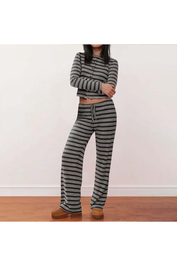 Women's Striped Print Cardigan and Pants Set, Loose Fit and Stretchable, Casual Comfort for Daily Wear