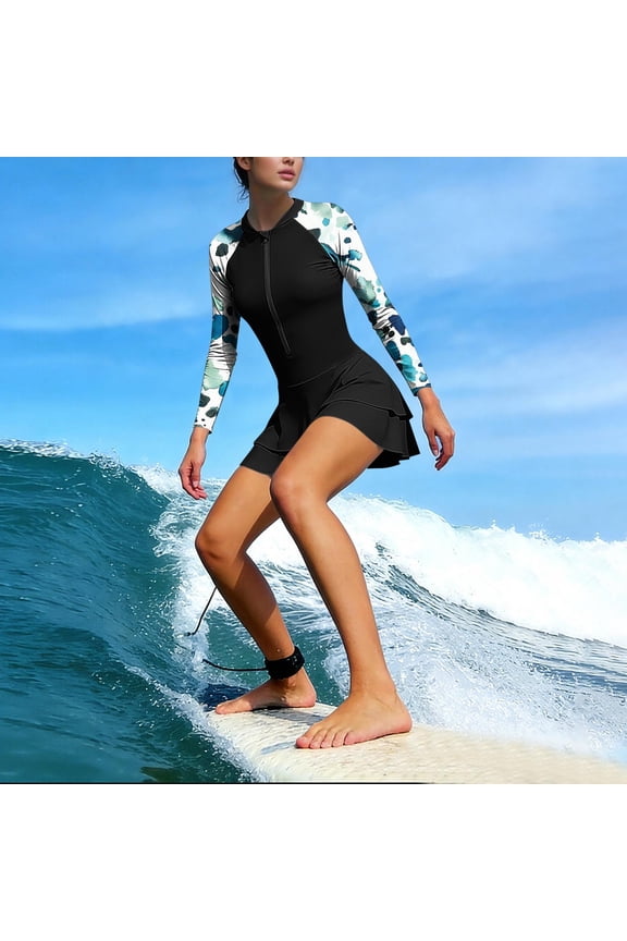 Women's Sun Protective Quick-Dry Printed Swimsuit Dress with Built-in Bra and Swim Shorts, Stand Collar Half-Zip Long Sleeve, for Beach Swimming and Surfing