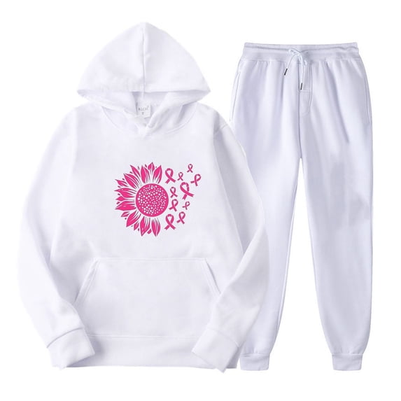 Haivin Women's Sweatshirt and Sweatpants Set, Long Sleeve Hooded with Breast Cancer Awareness Print, Soft Cotton Comfort Fit for Fall Winter Lounge and Daily Wear