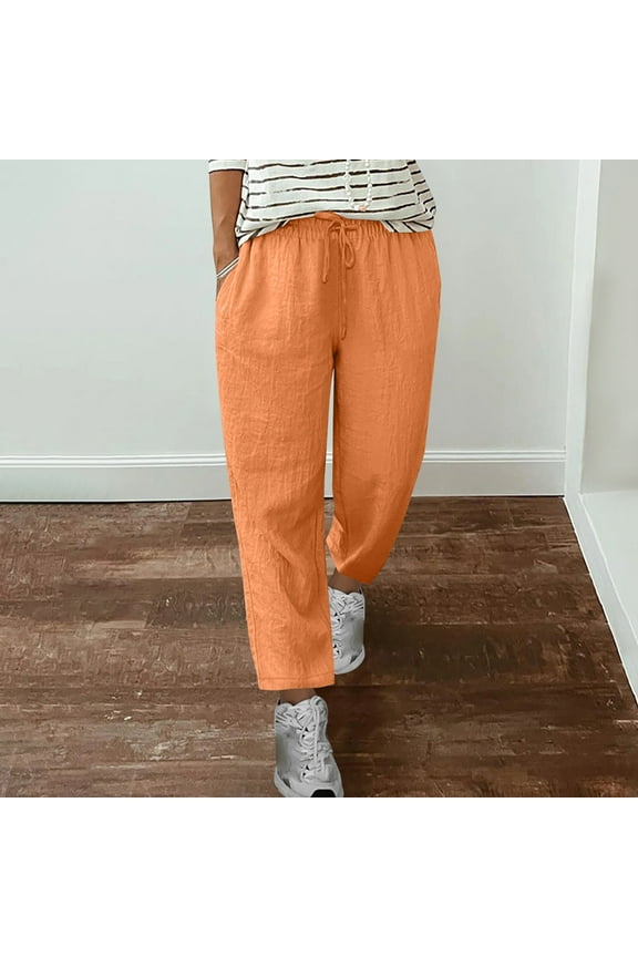 Women's Tie-Waist Casual Pants, Solid Color Cotton Linen Blend, Breathable and Comfortable for Daily Wear, Travel, Spring and Fall