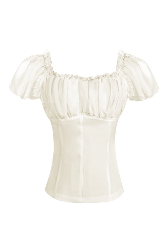 Women's V-Neck Bubble Sleeve Blouse, Pure Color Short Sleeve Top with Puff Sleeves, Casual Shirt for Office and Daily Wear
