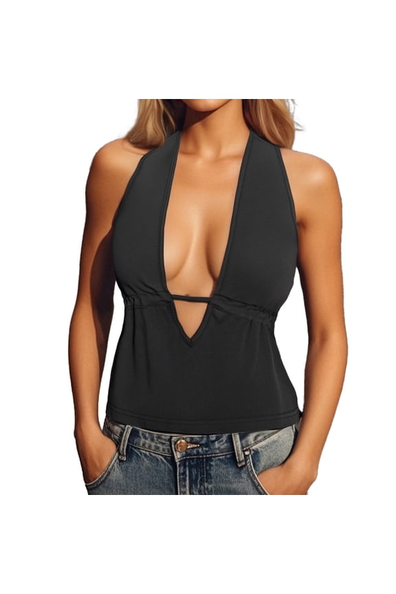 Women's V-Neck Halter Backless Crop Top with Collar, Casual Sleeveless Tank Top for Summer, Fashionable and Breathable for Beach and Daily Wear