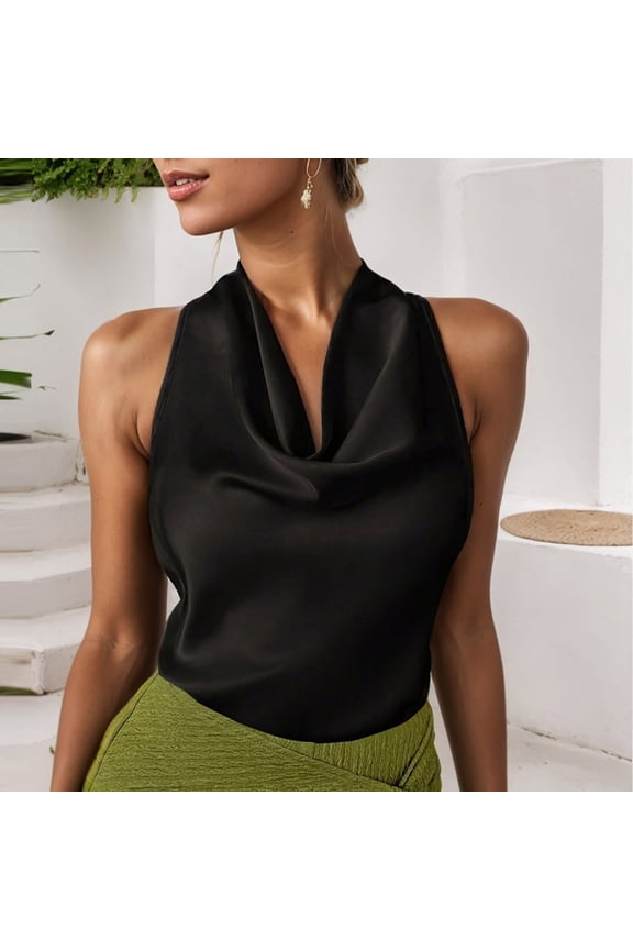 Women's V-Neck Halter Tank Top with Ruffle Collar and Back Tie, Solid Color for Daily Wear