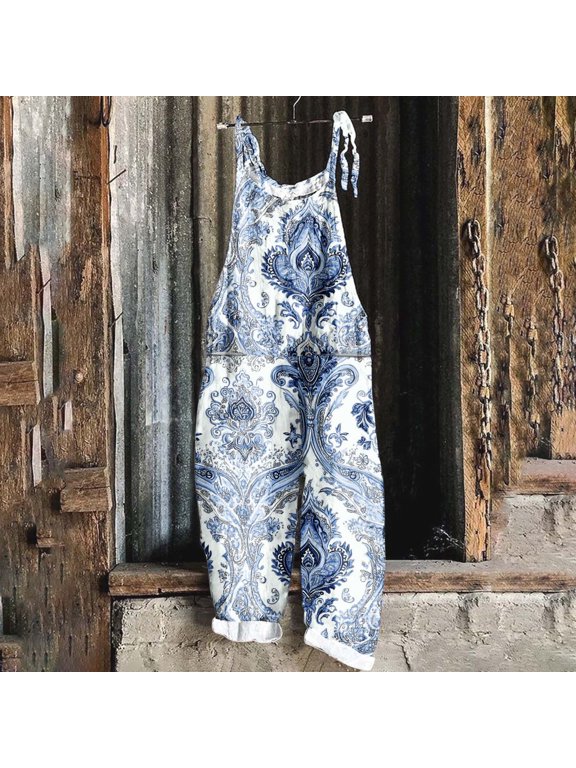 Women's Vintage Print Sleeveless Backless Jumpsuit, Lightweight Summer Casual with V-Neck, for Daily Wear and Beach Vacation