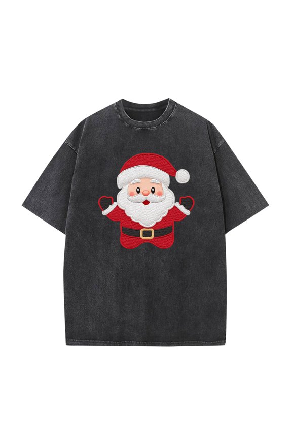 Women's Vintage T-Shirt, Classic Round Neck Loose Fit Distressed Design, Short Sleeve Top for Christmas Holiday and Casual Wear