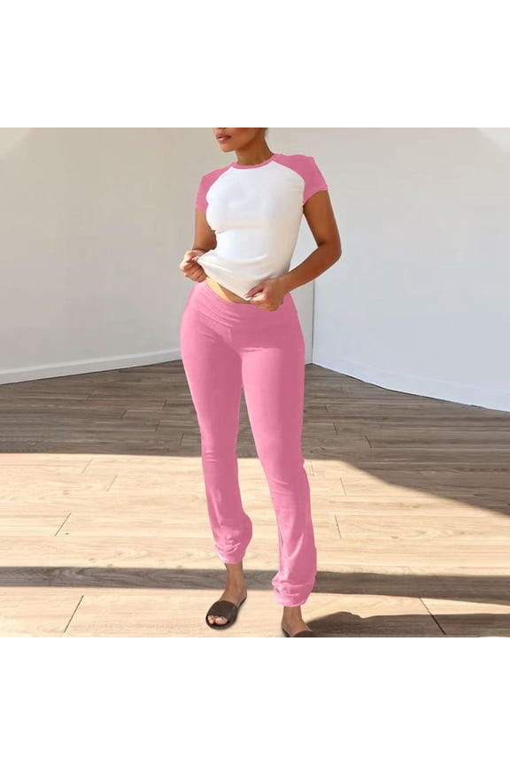 Women's Yoga Set, Slim Fit Short Sleeve Round Neck Top and Pants, Casual Sportswear for Fitness and Daily Wear