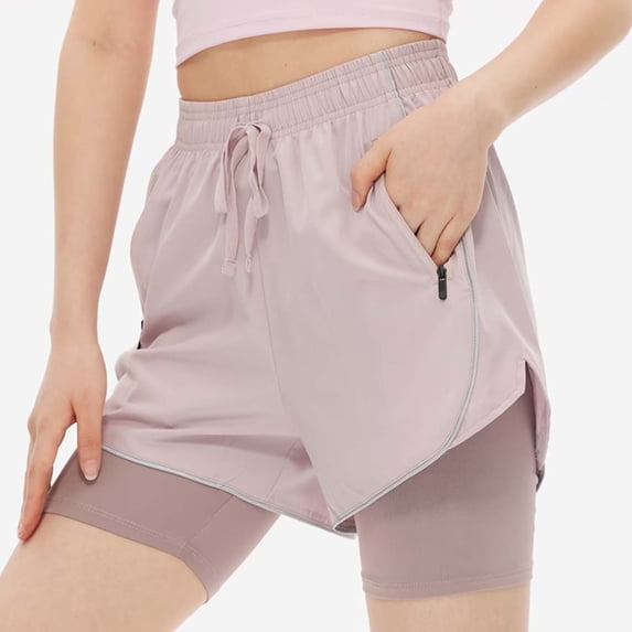 Haivin Women's Yoga Shorts, Double Layer Fake Two-Piece with Drawstring & Zipper Pockets, High-Waisted Quick-Dry Workout Shorts for Running and Yoga