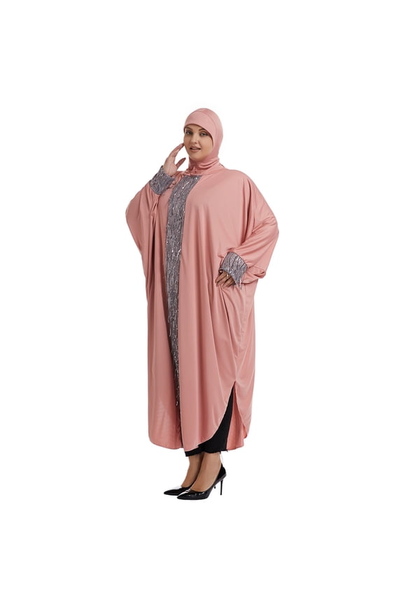 Women's milk silk solid color Ramadan long sleeved sequined bat shirt long skirt hooded dress