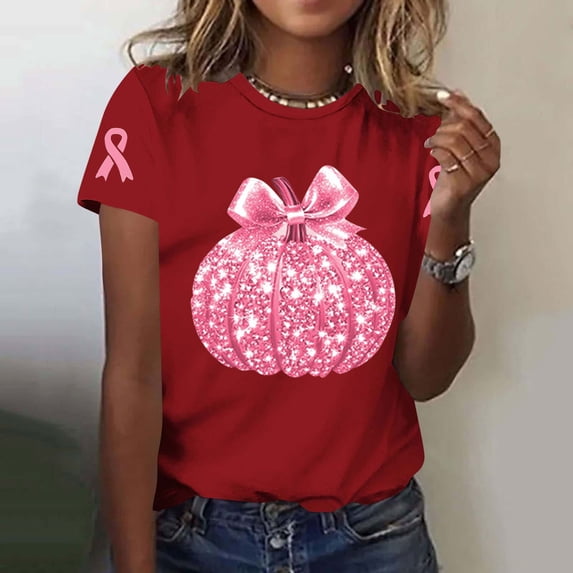 Haivin Womens Autumn T-Shirt, Shiny Glitter Breast Cancer Awareness Pumpkin Print, Short Sleeve Round Neck Top for Fall Fashion and Casual Wear