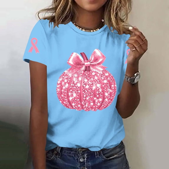 Haivin Womens Autumn T-Shirt, Shiny Glitter Breast Cancer Awareness Pumpkin Print, Short Sleeve Round Neck Top for Fall Fashion and Casual Wear