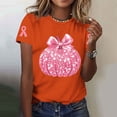 thumbnail image 1 of Haivin Womens Autumn T-Shirt, Shiny Glitter Breast Cancer Awareness Pumpkin Print, Short Sleeve Round Neck Top for Fall Fashion and Casual Wear, 1 of 3