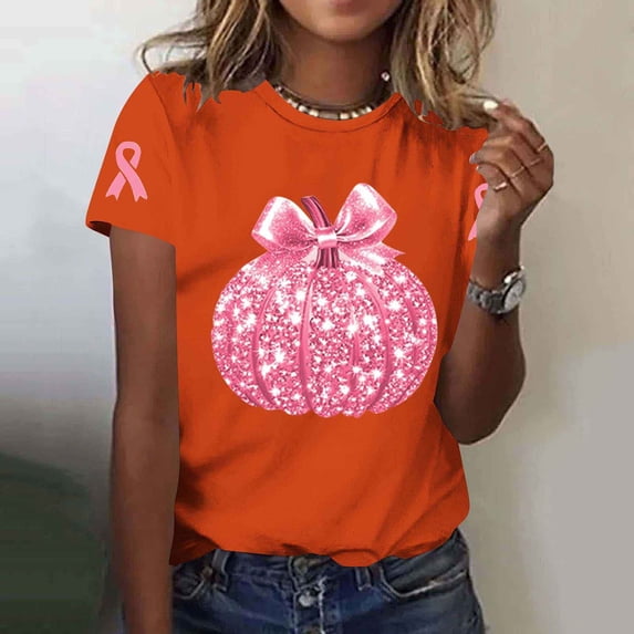 Haivin Womens Autumn T-Shirt, Shiny Glitter Breast Cancer Awareness Pumpkin Print, Short Sleeve Round Neck Top for Fall Fashion and Casual Wear