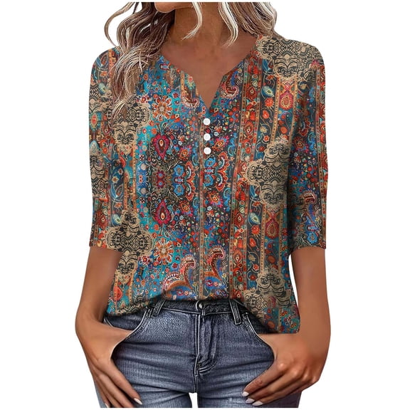 Haivin Womens Blouses Dressy Casual Business Tops 3/4 Sleeve Polyester and Spandex V Neck Work Office Shirts