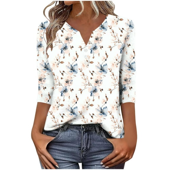 Haivin Womens Blouses Dressy Casual Business Tops 3/4 Sleeve Polyester and Spandex V Neck Work Office Shirts