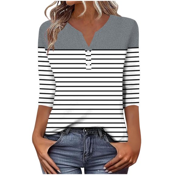 Haivin Womens Blouses Dressy Casual Business Tops 3/4 Sleeve Polyester and Spandex V Neck Work Office Shirts