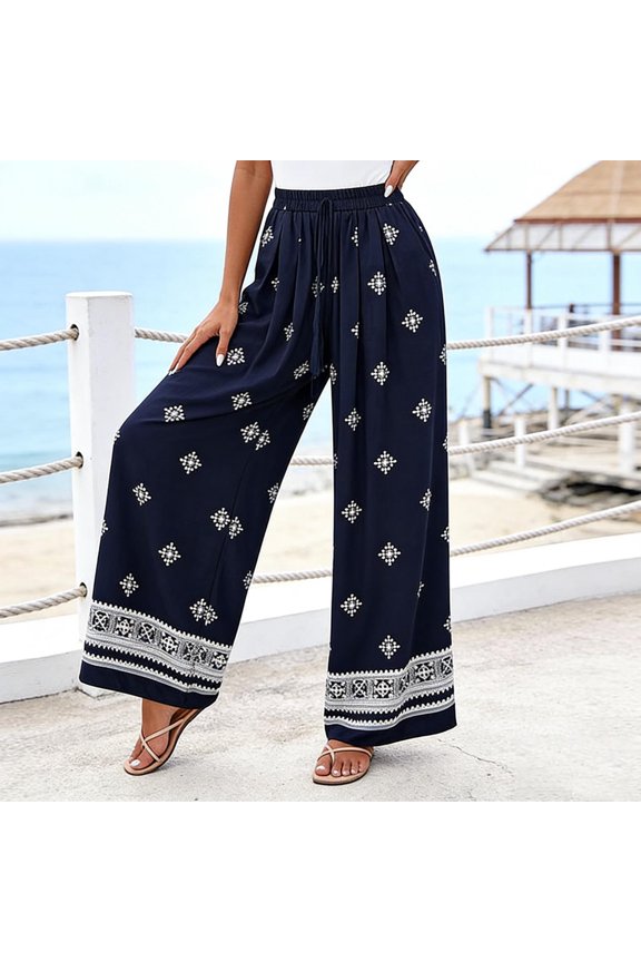 Womens Bohemian Wide Leg Pants, Printed Design with Tie Waist, Casual Cotton Beach Pants for Vacation and Summer