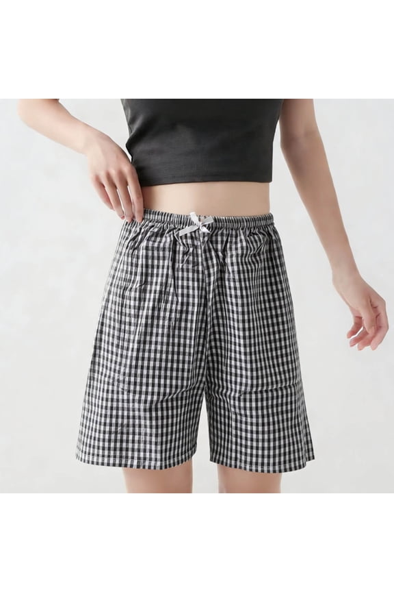 Womens Bow-Knot Culottes, Lightweight Plaid Wide-Leg Pajama Shorts, Comfortable Soft Sleepwear for Home and Casual Wear