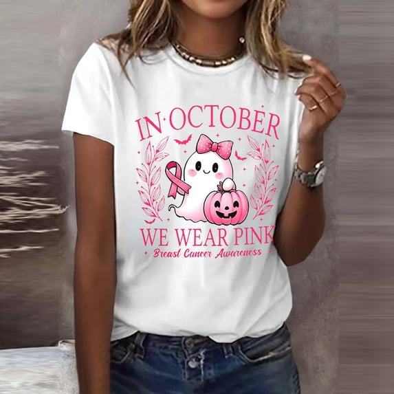 Haivin Womens Breast Cancer Awareness T-shirt, Fashion Round Neck Short Sleeve Top with Inspirational Print, Comfortable Soft Tee for Casual Wear and Daily Outfits