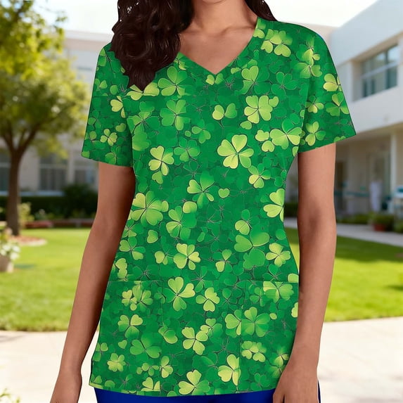 Haivin Womens Casual V-Neck Short Sleeve Top, Lightweight with Pocket and St. Patrick's Print, Comfortable Workwear Shirt for Daily Wear and Nursing