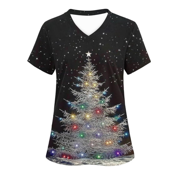 Haivin Womens Christmas Print V-Neck Short Sleeve Pocket Scrub Top, Breathable and Comfortable with Functional Pockets for Healthcare Work and Daily Casual Wear