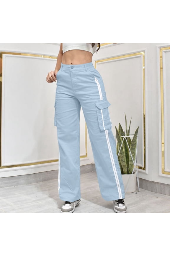Womens Contrast Striped Print Casual Elastic Waist Long Pants Double Waistband Flap Pockets High Waist Casual Streetwear Pants