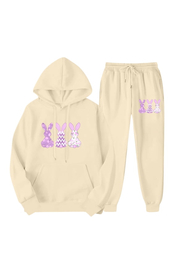 Womens Easter Print Sweatsuit Set, Hooded Jacket and Pants, Casual Sporty Wear for Spring Outfits and Holiday Fashion