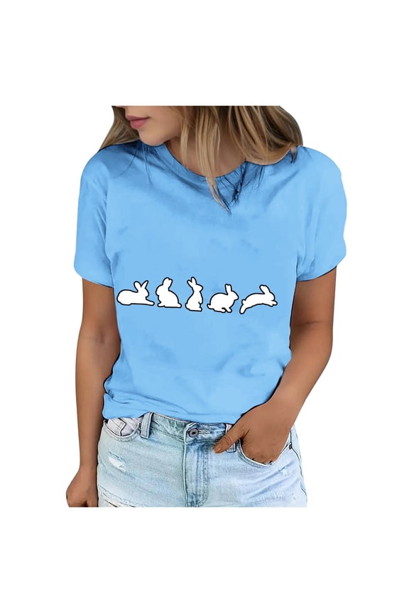 Womens Easter Print T-Shirt, Short Sleeve Round Neck Blouse with Floral Prints, Soft Casual Top for Spring Festival and Daily Wear
