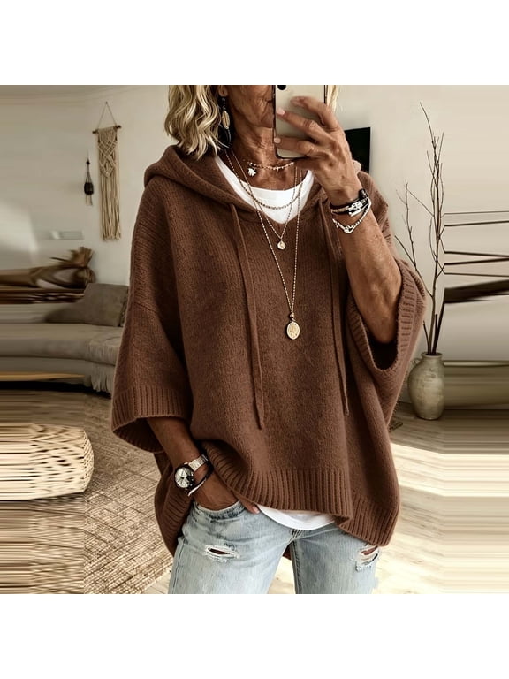 Womens Hooded Drawstring 3/4 Sleeve Loose Knit Top Ribbed Hem Casual Solid Color Sweater for Young Ladies
