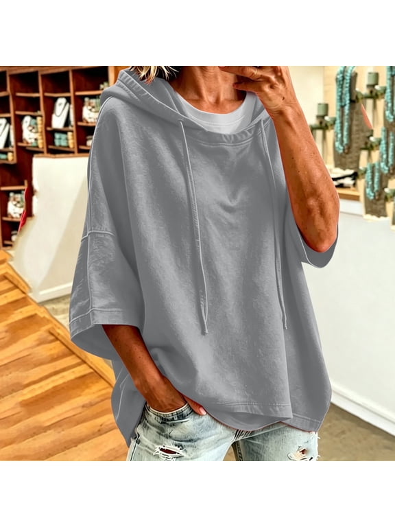 Womens Hoodie Drawstring Three Quarter Sleeve Solid Color Pullover Sweatshirt Casual Loose Fit Top for Women