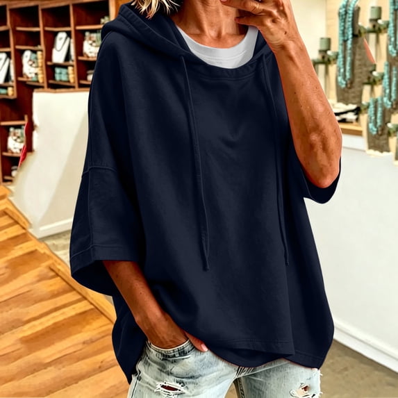 Haivin Womens Hoodie Drawstring Three Quarter Sleeve Solid Color Pullover Sweatshirt Casual Loose Fit Top for Women