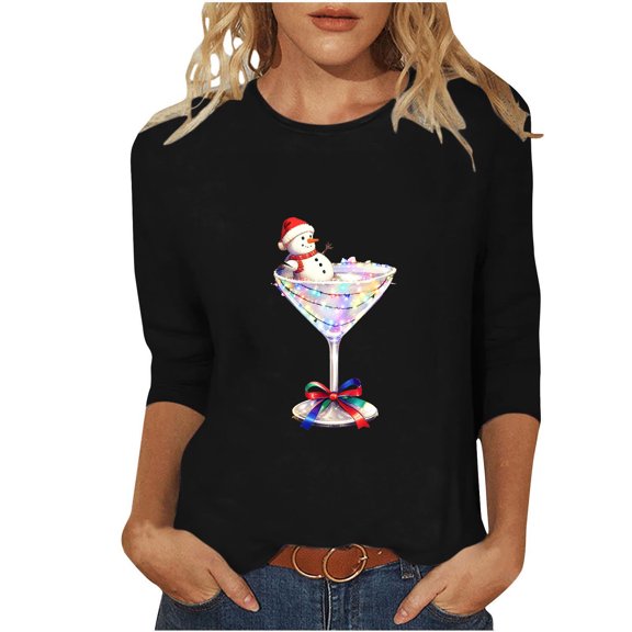 Haivin Womens Plus Size Tops Merry Christmas Shirts for Women 3/4 Sleeve Funny Print Tops Holiday Party Tee Crew Neck Casual Cotton T-Shirts Xmas Gifts