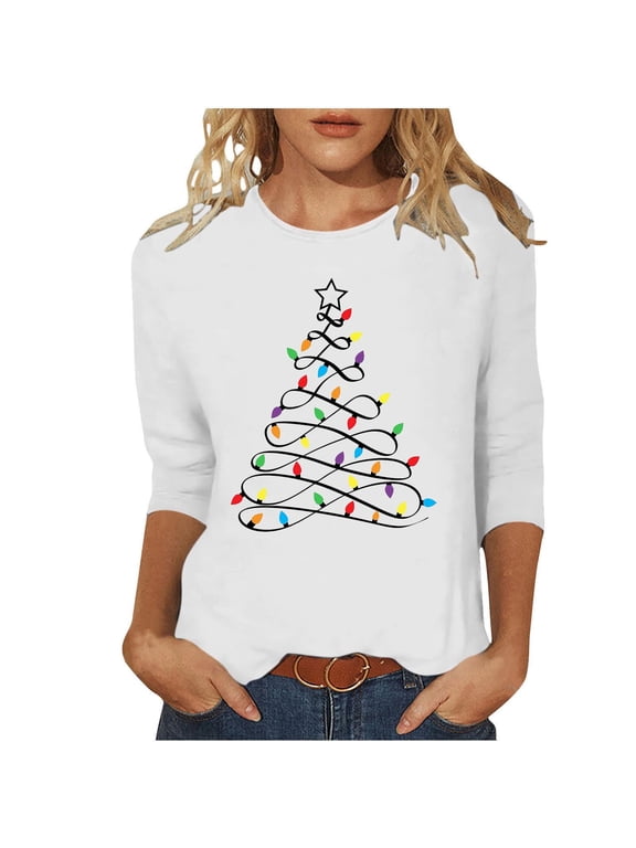 Womens Plus Size Tops Merry Christmas Shirts for Women 3/4 Sleeve Funny Print Tops Holiday Party Tee Crew Neck Casual Cotton T-Shirts Xmas Gifts