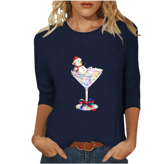 Haivin Womens Plus Size Tops Merry Christmas Shirts for Women 3/4 Sleeve Funny Print Tops Holiday Party Tee Crew Neck Casual Cotton T-Shirts Xmas Gifts