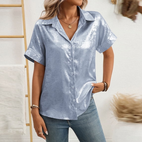 Haivin Womens Solid Button-Down Short Sleeve Shirt with Turn-Down Collar, Lightweight and Breathable Blouse for Casual Wear, Office, and Daily Outfits