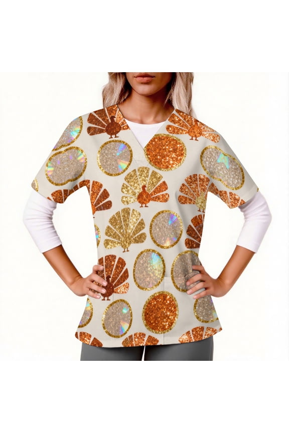 Womens V-Neck Short Sleeve Top with Double Pockets, Thanksgiving Themed Nursing Uniform, Comfortable and Practical for Healthcare Work and Daily Wear