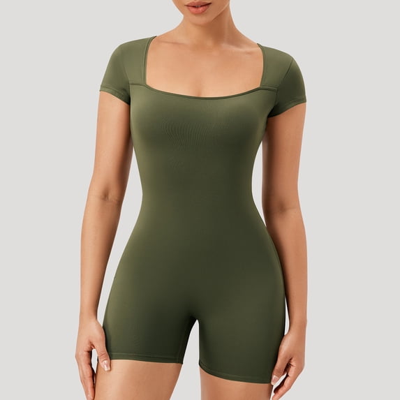 Haivin Yoga Bodysuit for Women, Solid Color Short Sleeve with Square Neck, for Fitness and Daily Wear