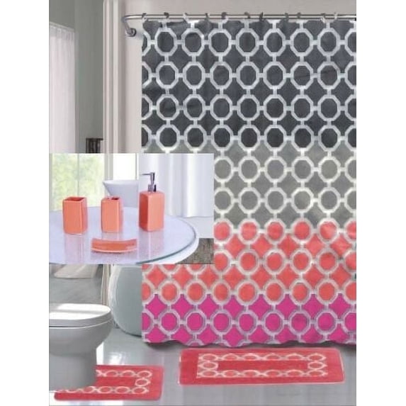 Hajar hot pink Bathroom rug, mat non slip soft shaggy with shower curtain 12 hook and 4 pc matching ceramic accessories toothbrush holder, toothpaste holder, soap pump and soap dish