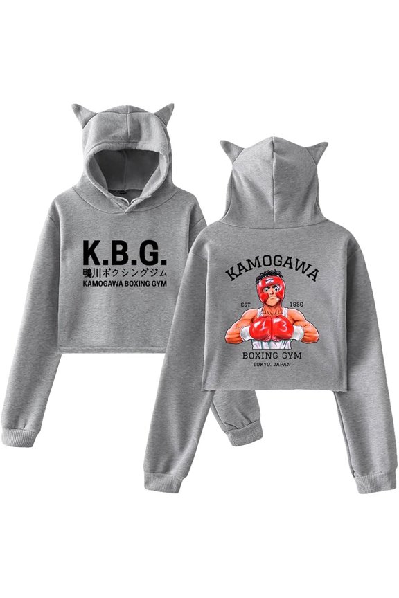 Anime Kamogawa Boxing Gym Cat Ear Hoodie Women Long Sleeve Pullover Crop Tops