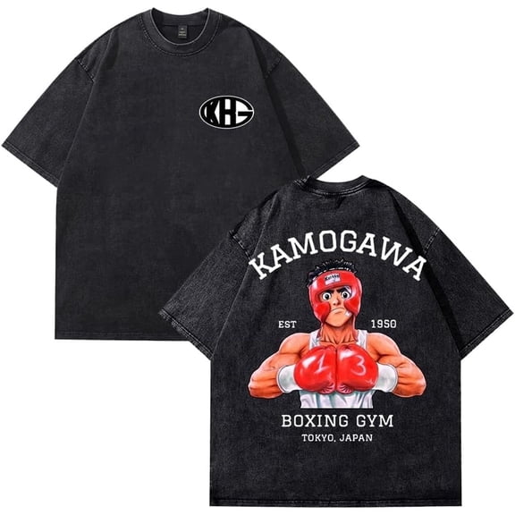 Hajime No Ippo Kamogawa Boxing Gym T-shirt Anime Printed Retro Distressed Wash Denim Short Sleeved T-shirt