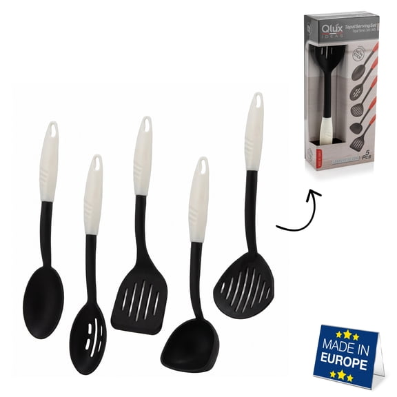 Hakan 5 Piece Serving Set, BPA Free Heat-Resistant Non-Stick Kitchen Utensil Set, Cooking & Serving Tools, White-Black