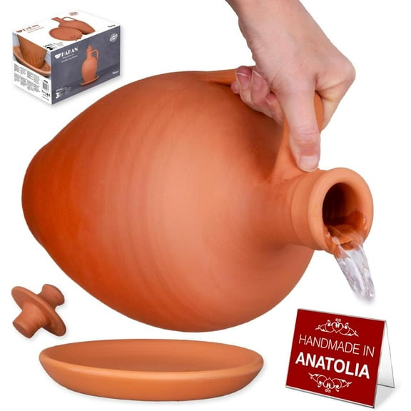 Hakan Anadolu 106 oz (3.3 qts) Natural Clay Water Pitcher Set | Unglazed Terracotta Water Carafe & Plate | Traditional Mud Jug | Pottery Jar Cooler for Summer, Water, Beverage | Large