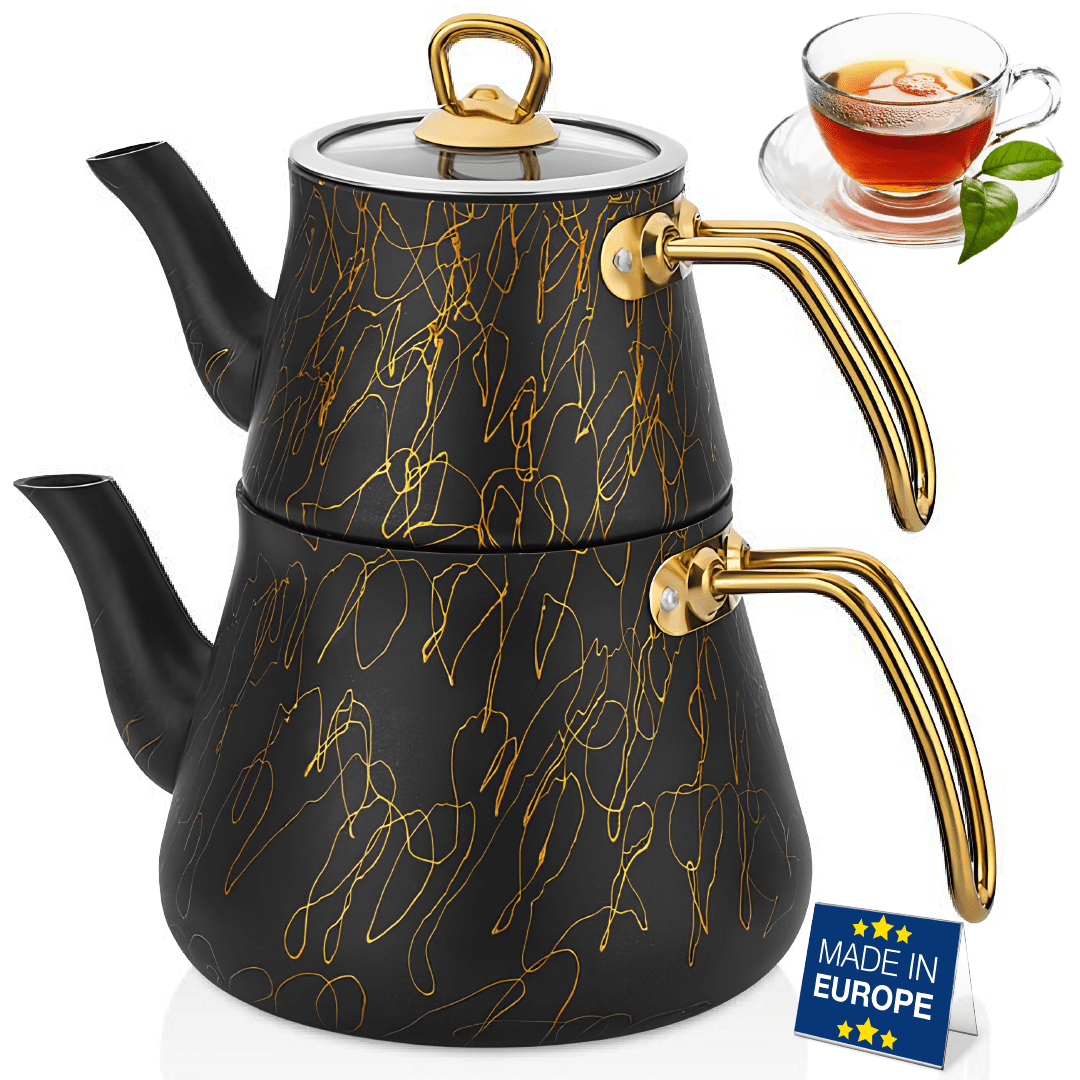 Hakan Black and Gold Granite Teapot Set with Stainless Steel Handle